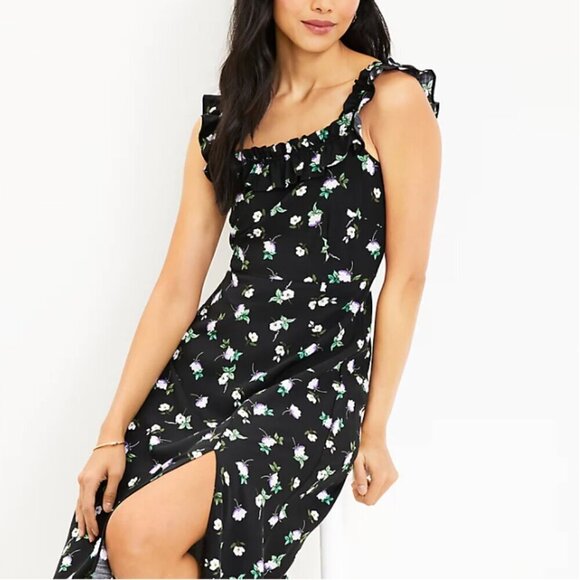 Loft summer Floral Ruffle Square Neck Midi Dress Sz. 10 with slit - Picture 2 of 16